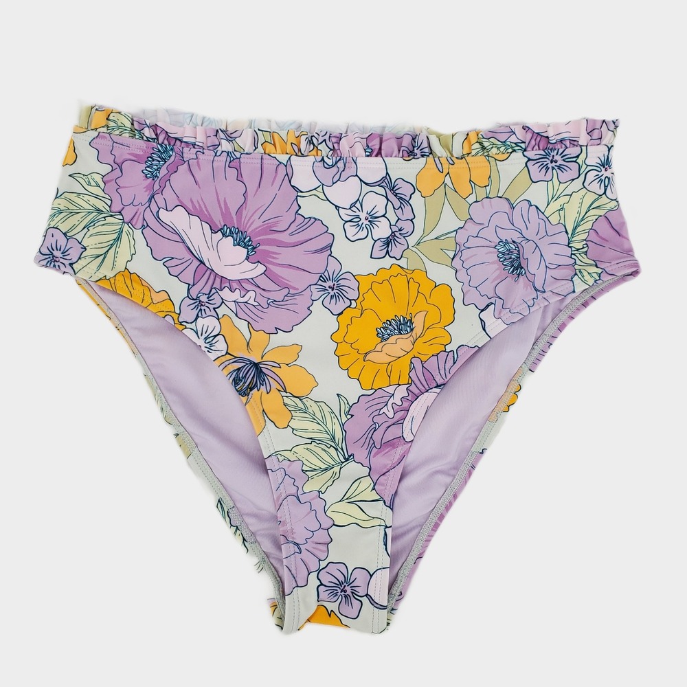 Cupshe Medium Floral High Waisted Ruffle Bikini Bottom Purple Yellow Lined New
